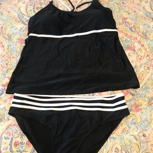 Black and white stripe tankini swim set